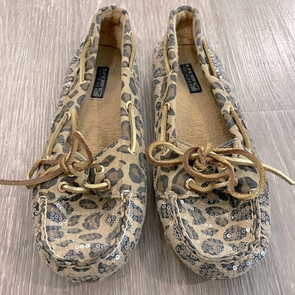 Sperry Topsider Leopard Sequin Lined Loafer Lace Up Women’s Size 9